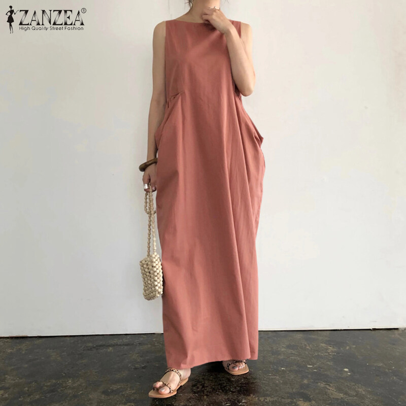 ZANZEA Women Plain Color Long Maxi Sleeveless O-Neck Summer Dress Plus Size Dress